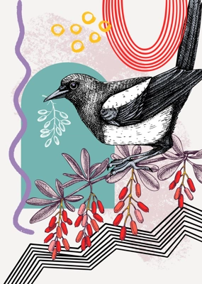 Collage style magpie vector illustration. Hand-sketched bird with barberry branch. Trendy design with botanical, geometric shapes, and abstract elements. Perfect for print, poster, card, social media